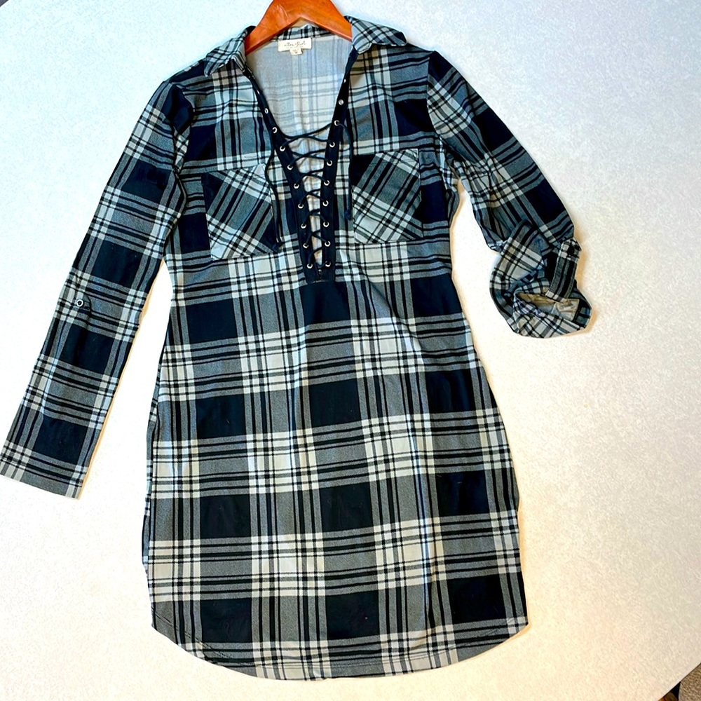 Sexy Black Plaid Tunic Dress with lace up front and collar